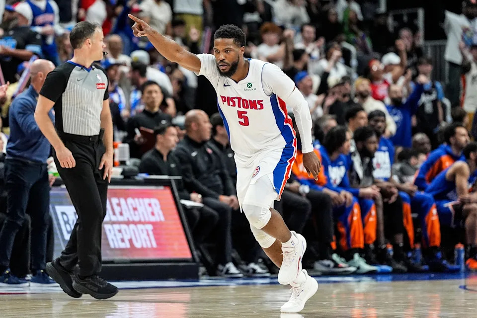 Detroit Pistons guard Malik Beasley (5) celebrates Pistons possession against New York Knicks during the first half of Game 6 of Eastern Conference playoff first round at Little Caesars Arena in Detroit on Thursday, May 1, 2025.