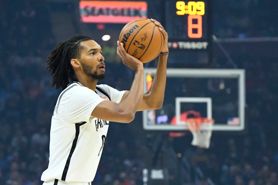Mar 11, 2025; Cleveland, Ohio, USA; Brooklyn Nets forward Ziaire Williams (8) shoots in the first quarter against the Cleveland Cavaliers at Rocket Arena. Mandatory Credit: David Richard-Imagn Images Mandatory Credit&colon; David Richard-Imagn Images