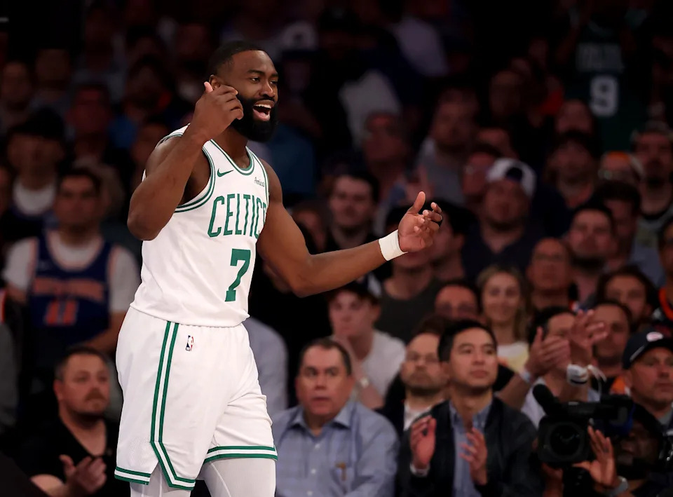 NEW YORK, NEW YORK - MAY 12: Jaylen Brown #7 of the Boston Celtics reacts in the first half against the New York Knicks in Game Four of the Eastern Conference Second Round NBA Playoffs at Madison Square Garden on May 12, 2025 in New York City. NOTE TO USER: User expressly acknowledges and agrees that, by downloading and or using this photograph, User is consenting to the terms and conditions of the Getty Images License Agreement. (Photo by Elsa/Getty Images). (Photo by Elsa/Getty Images)