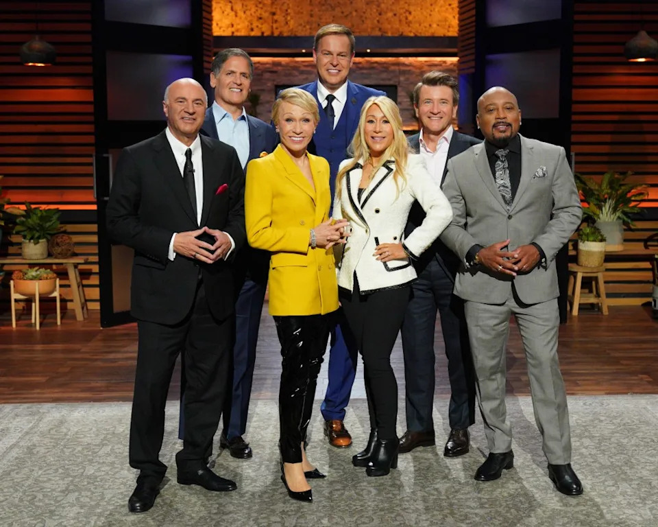 Sharks Kevin O’Leary, Mark Cuban, Barbara Corcoran, Guest Shark Peter Jones, Lori Greiner, Robert Herjavec, and Daymond John on the set of “Shark Tank” on ABC. ABC via Getty Images