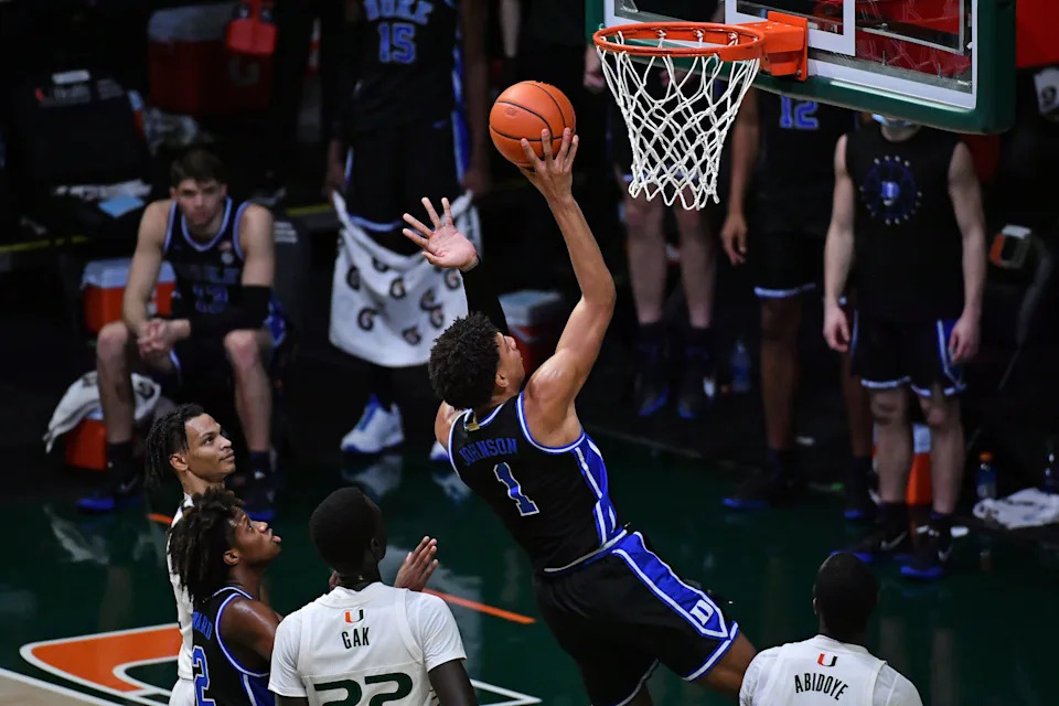 Duke Blue Devils forward Jalen Johnson shoots against the Miami Hurricanes during the second half at Watsco Center. Mandatory Credit: Jasen Vinlove-USA TODAY Sports