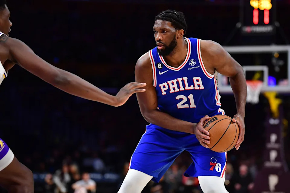 Philadelphia 76ers center Joel Embiid controls the ball against the Los Angeles Lakers during the first half at Crypto.com Arena.Gary A&period; Vasquez-Imagn Images