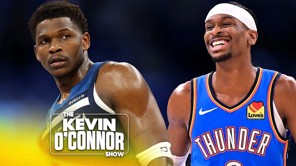 Anthony Edwards and Shai Gilgeous-Alexander react after the Thunder beat the Timberwolves in Game 2 of the 2025 Western Conference Finals. (Photo by Adam Hagy/NBAE via Getty Images)