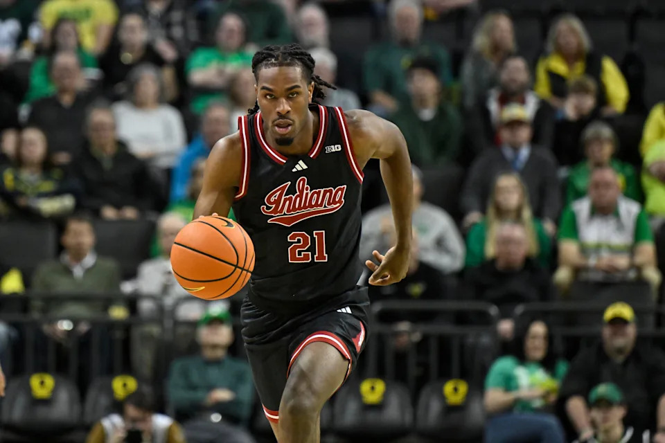 Mar 4, 2025; Eugene, Oregon, USA; Indiana Hoosiers forward Mackenzie Mgbako (21) dribbles the ball against the Oregon Ducks during the second half at Matthew Knight Arena. Mandatory Credit: Craig Strobeck-Imagn Images