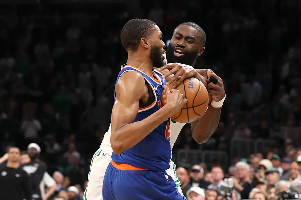 Knicks wing Mikal Bridges rips the ball from Celtics counterpart Jaylen Brown to steal Game 1 of the Eastern Conference semifinals. (Photo by Maddie Meyer/Getty Images)