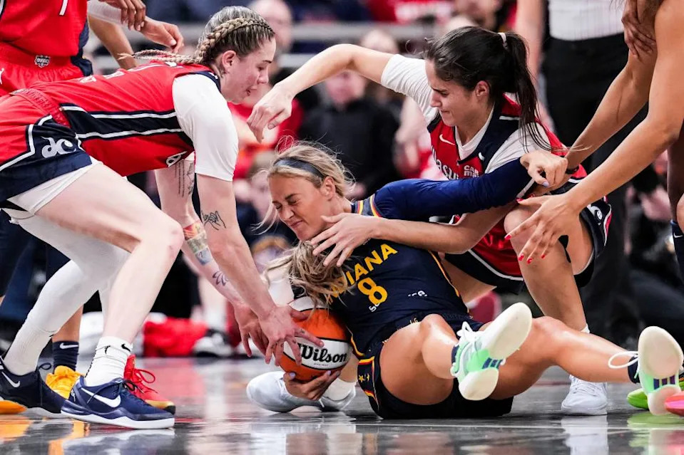 Sophie Cunningham hustles for a loose ball during a preseason game against the Mystics on May 3, 2025. Grace Smith/IndyStar / USA TODAY NETWORK via Imagn Images