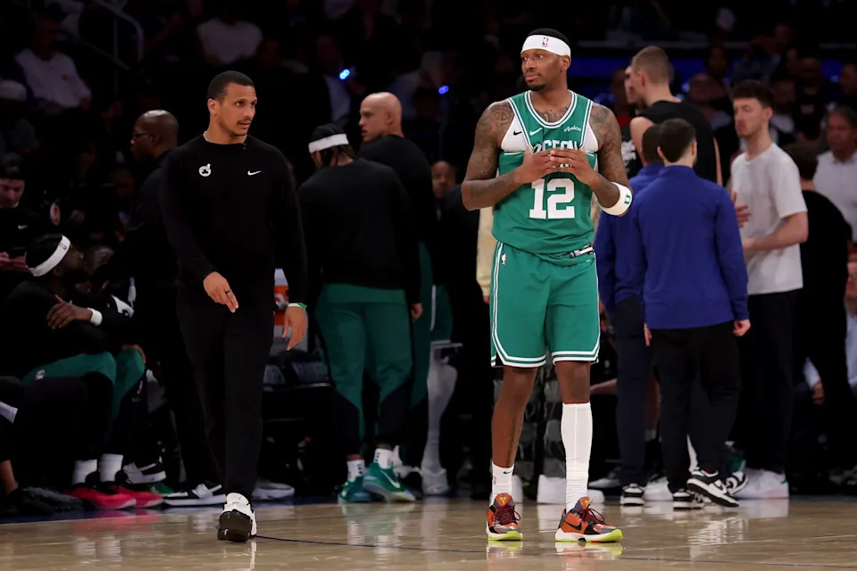 May 16, 2025; New York, New York, USA; Boston Celtics forward Torrey Craig (12) and head coach Joe Mazzulla react during the fourth quarter of game six in the second round of the 2025 NBA Playoffs against the New York Knicks at Madison Square Garden. Mandatory Credit: Brad Penner-Imagn Images