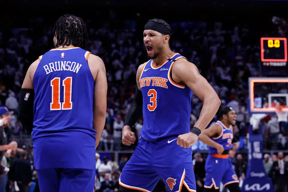 May 1, 2025; Detroit, Michigan, USA; New York Knicks guard Jalen Brunson (11) and guard Josh Hart (3) celebrate after defeating the Detroit Pistons during game six of first round for the 2024 NBA Playoffs at Little Caesars Arena. Mandatory Credit: Rick Osentoski-Imagn Images Mandatory Credit: Rick Osentoski-Imagn Images