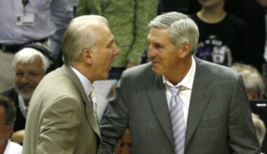 Spurs coach Gregg Popovich and Jazz coach Jerry Sloan shake hands after the Utah Jazz are defeated ...