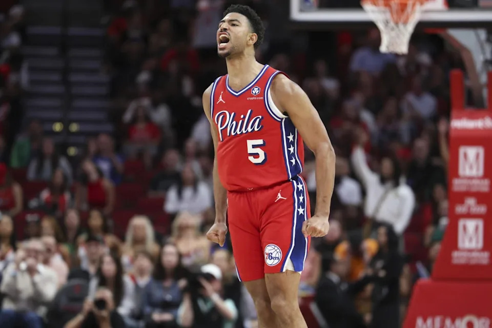 Philadelphia 76ers guard Quentin Grimes reacts after making a basket against the Houston Rockets.Troy Taormina-Imagn Images