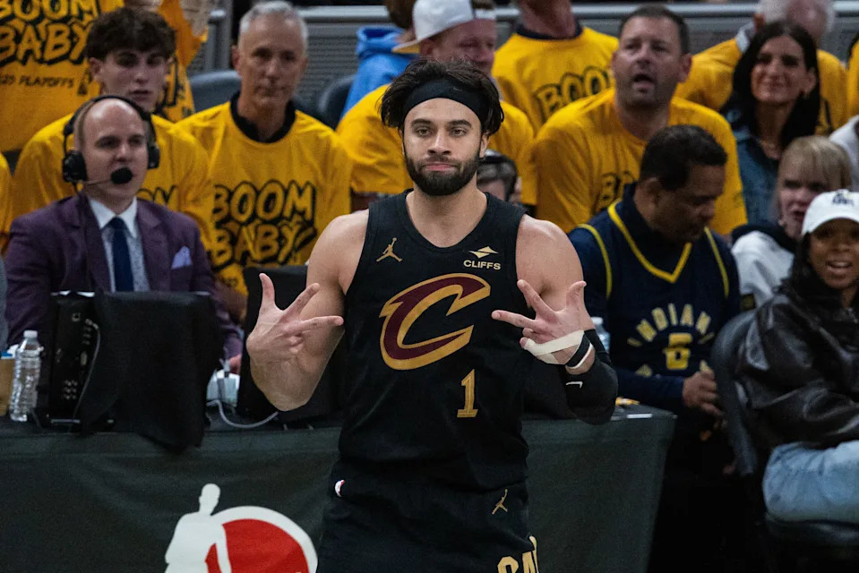 Cleveland Cavaliers guard Max Strus (1) celebrates a basket during Game 3 of a second-round playoff series against the Indiana Pacers on May 9, 2025, in Indianapolis, Indiana.