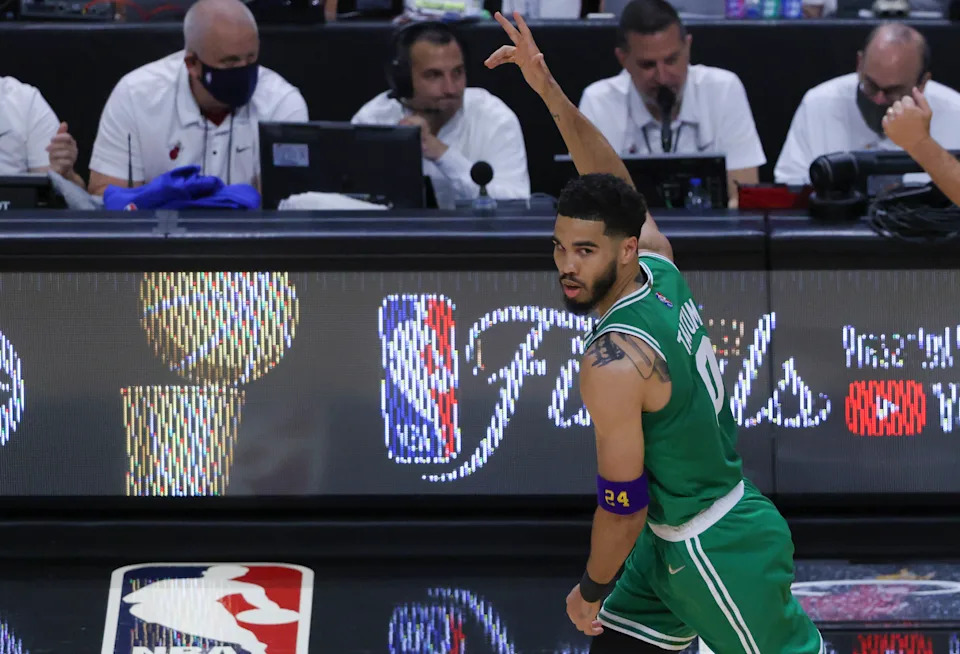 Miami - May 29: Boston Celtics forward Jayson Tatum (0) after making a three point basket against the Miami Heat during the first quarter. The Boston Celtics visit the Miami Heat for game 7 of the NBA Eastern Conference Finals at FTX Arena in Miami, FL on May 29, 2022. (Photo by Matthew J. Lee/The Boston Globe via Getty Images)