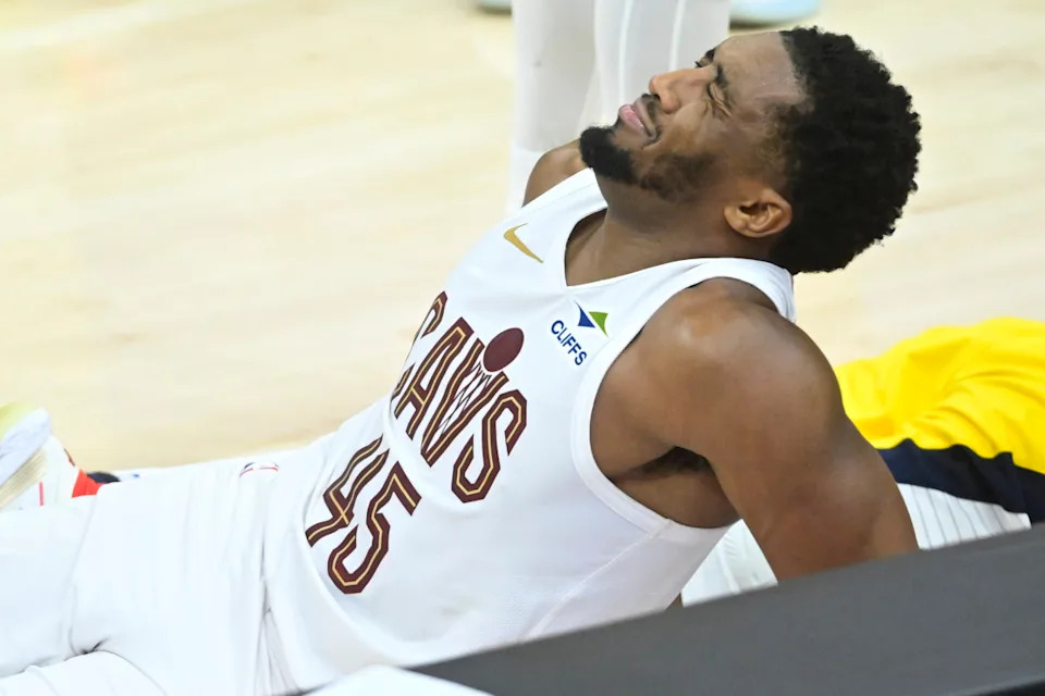 May 6, 2025; Cleveland, Ohio, USA; Cleveland Cavaliers guard Donovan Mitchell (45) reacts in the fourth quarter during game two of the second round of the 2025 NBA Playoffs against the Indiana Pacers at Rocket Arena. © David Richard-Imagn Images