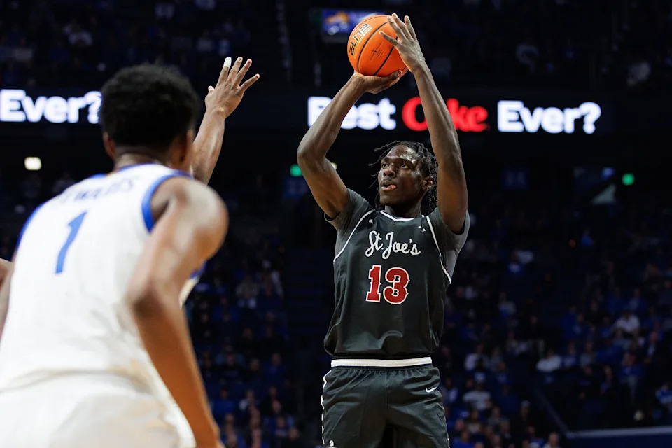 Nov 20, 2023; Lexington, Kentucky, USA; Saint Joseph's Hawks forward Rasheer Fleming (13) shoots the ball during the first half against the Kentucky Wildcats at Rupp Arena at Central Bank Center. Mandatory Credit: Jordan Prather-USA TODAY Sports