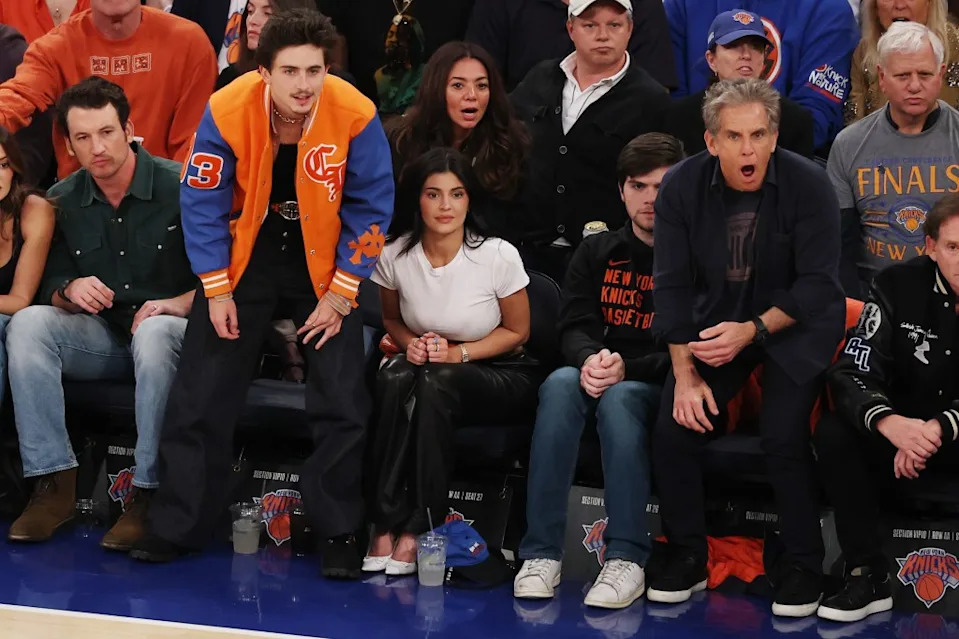 Actor Timothée Chalamet and Kylie Jenner and Ben Stiller react court side during Game 5 of the Knicks-Pacers Eastern Conference finals at Madison Square Garden on May 29, 2025 in New York City. Getty Images
