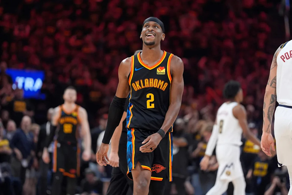 Oklahoma City Thunder guard Shai Gilgeous-Alexander (2) smiles as he walks off the court during Game 2 of the NBA playoff series between the Oklahoma City Thunder and the Denver Nuggets at Paycom Center in Oklahoma City, Wednesday, May 7, 2025.