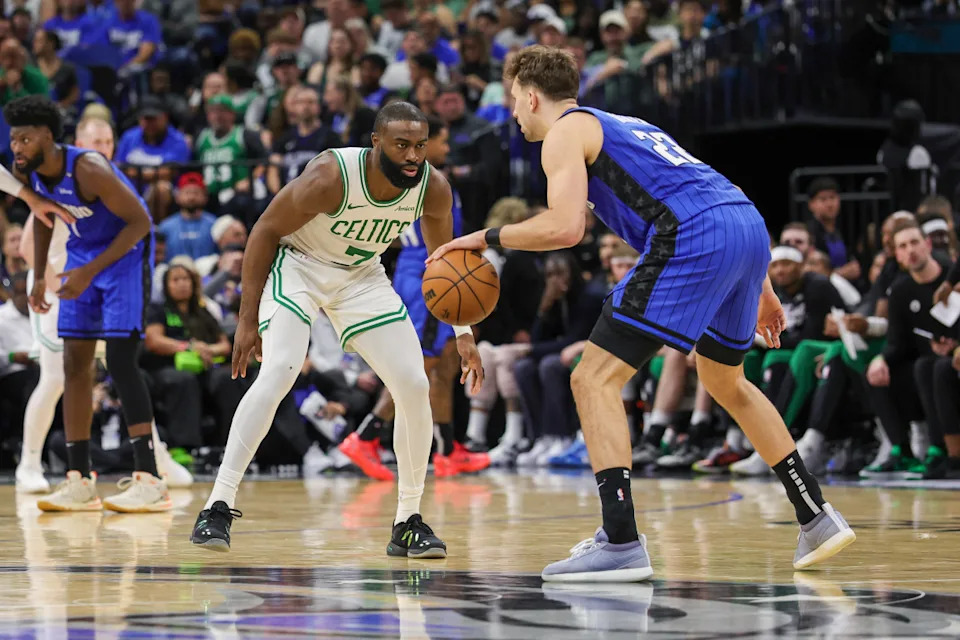 Boston Celtics guard Jaylen Brown defends Orlando Magic forward Franz Wagner during Game 3 of the first round of the 2025 NBA Playoffs at Kia Center.Mike Watters