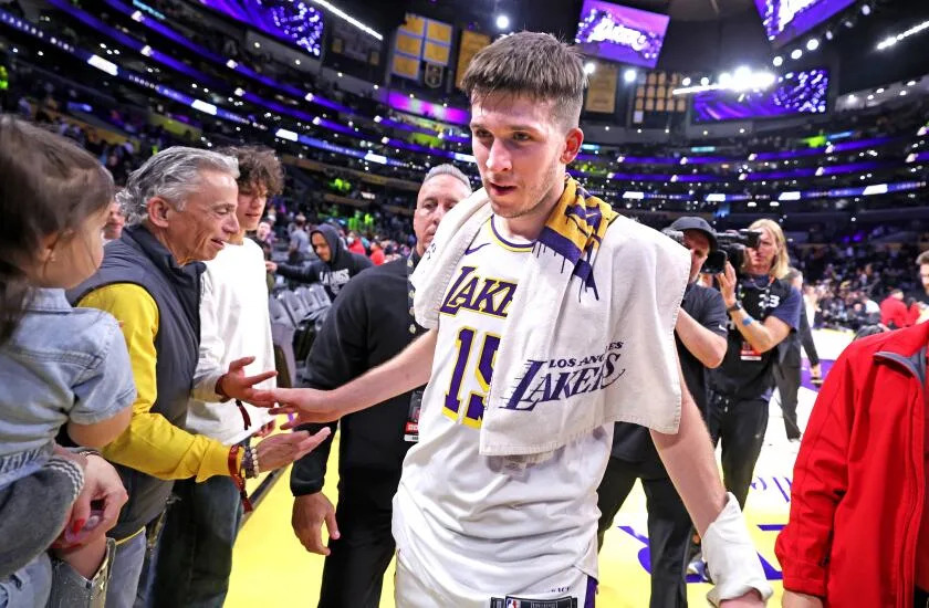 Los Angeles, California February 8, 2025-Lakers Austin Reaves walks off the court after defeating the Pacers at Crypto.com Arena Saturday. (Wally Skalij/Los Angeles Times)