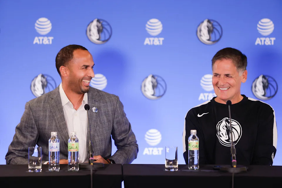 Nico Harrison and Mark Cuban, seen here in 2021 before things went haywire in Dallas. (Luka Dakskobler/LightRocket via Getty Images)