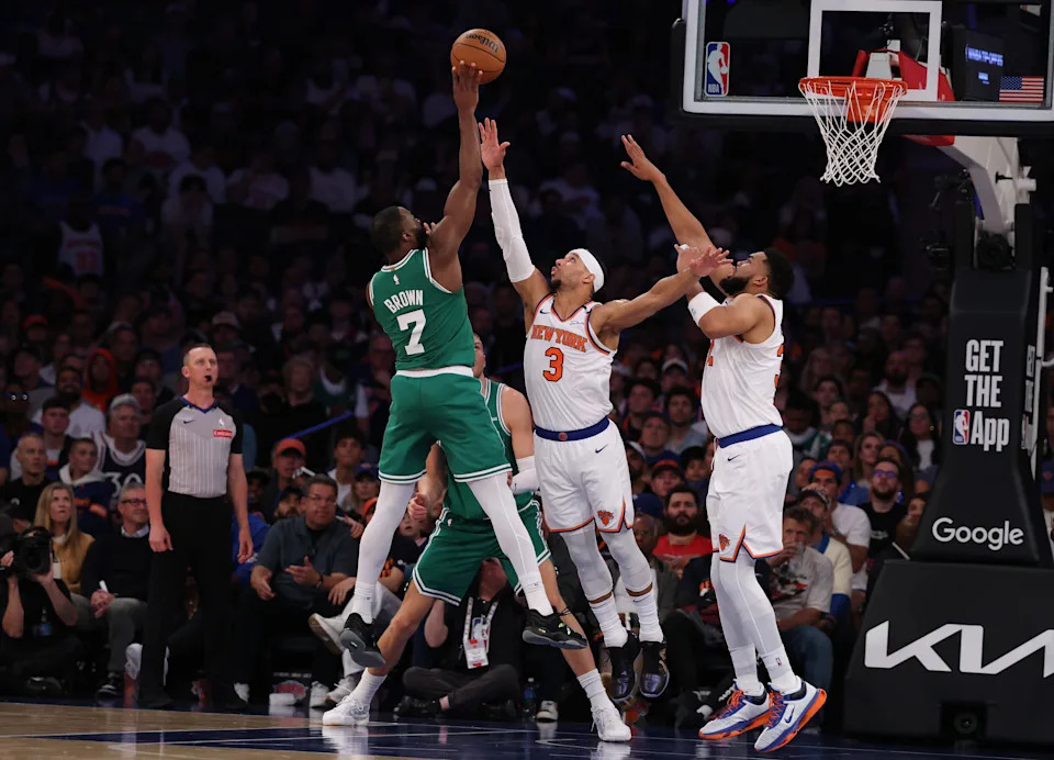 NEW YORK, NEW YORK - MAY 10: Jaylen Brown #7 of the Boston Celtics shoots against Josh Hart #3 of the New York Knicks during game Three of the Eastern Conference Second Round NBA Playoffs at Madison Square Garden on May 10, 2025 in New York City. User expressly acknowledges and agrees that, by downloading and or using this photograph, User is consenting to the terms and conditions of the Getty Images License Agreement. (Photo by Al Bello/Getty Images)