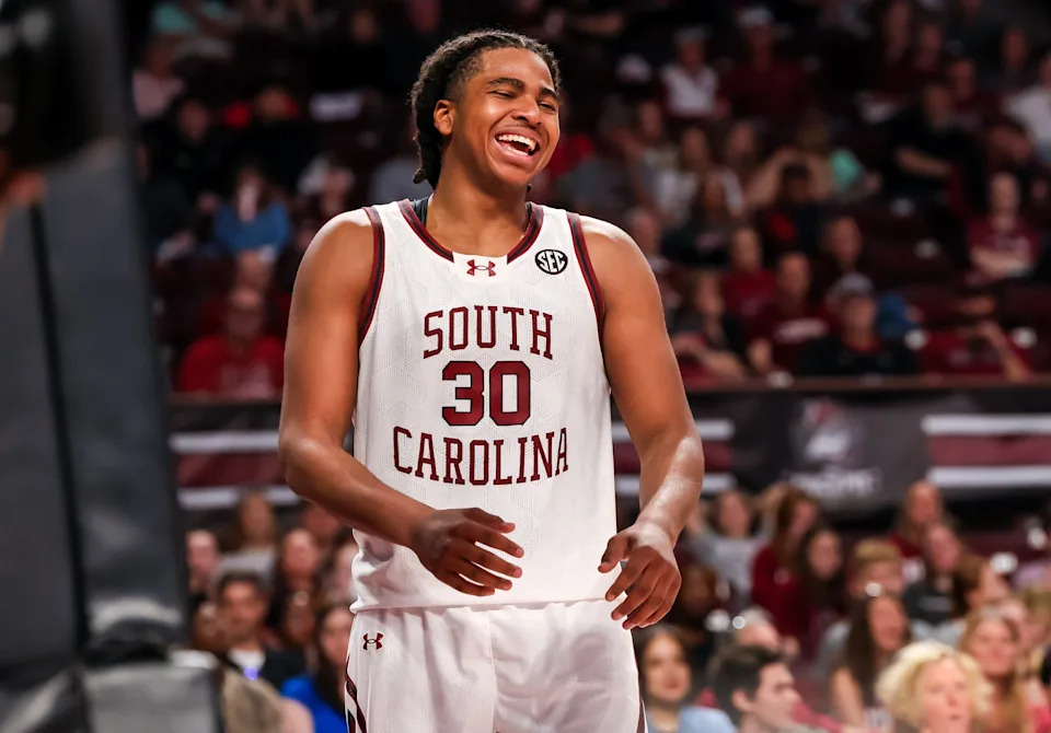 Mar 1, 2025; Columbia, South Carolina, USA; South Carolina Gamecocks forward Collin Murray-Boyles (30) celebrates a play against the Arkansas Razorbacks in the second half at Colonial Life Arena. Mandatory Credit: Jeff Blake-Imagn Images