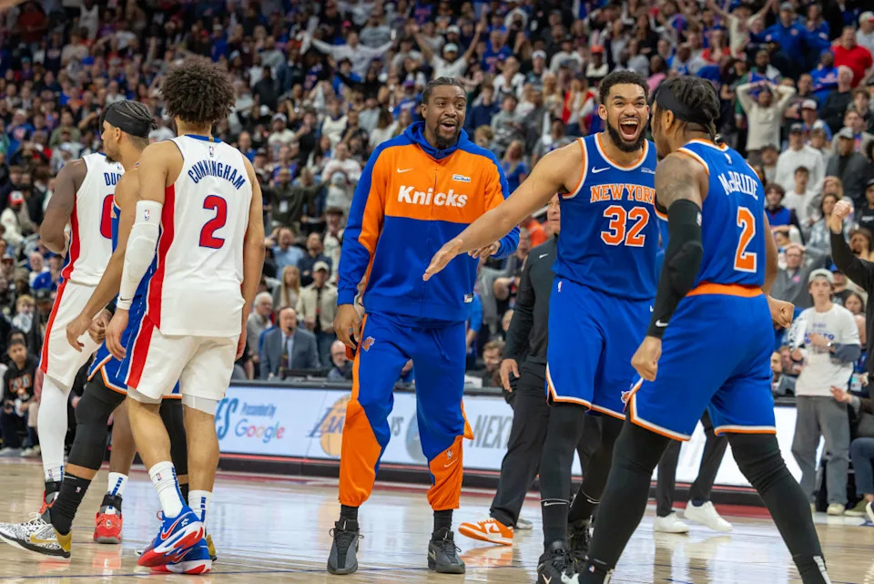 New York Knicks center Karl-Anthony Towns (32) after the Game 4 win.© David Reginek-Imagn Images