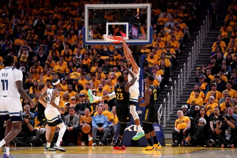 Rudy Gobert dunking on Draymond Green in the 2025 NBA Playoffs - Minnesota Timberwolves at Golden State Warriors