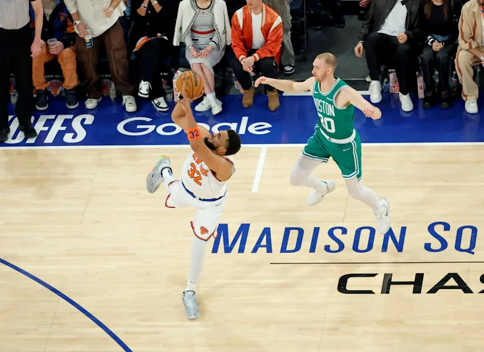 Karl-Anthony Towns scored 21 points against the Celtics in Game 6 of their second-round playoff series on May 16, 2025. Jason Szenes / New York Post