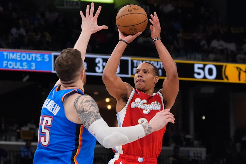 Memphis Grizzlies guard Desmond Bane (22) shoots the ball over Oklahoma City Thunder center...