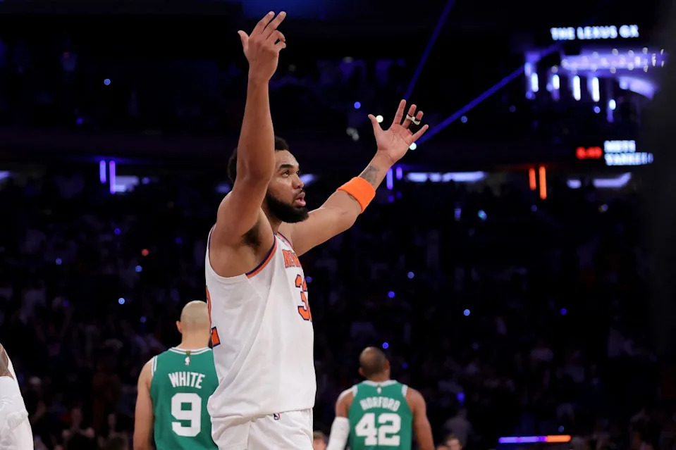 Knicks center Karl-Anthony Towns (32) reacts during the second quarter of Game Six in the second round of the 2025 NBA Playoffs against the Boston Celtics at Madison Square Garden. IMAGN IMAGES via Reuters Connect