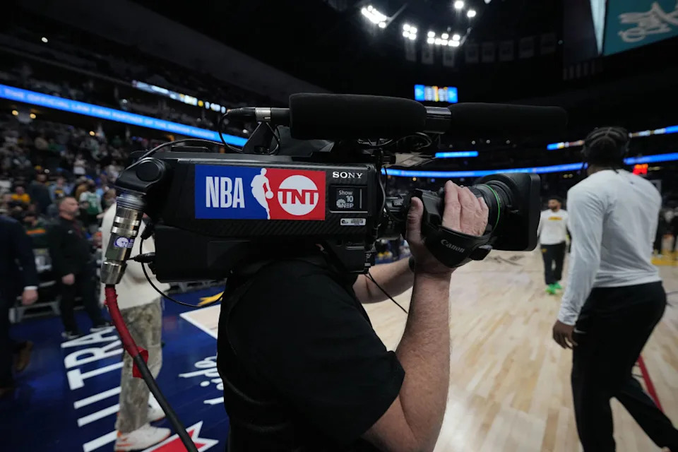 Detailed view of a TNT Sports courtside broadcast camera before the game between the Boston Celtics against the Denver Nuggets at Ball Arena.Ron Chenoy-Imagn Images