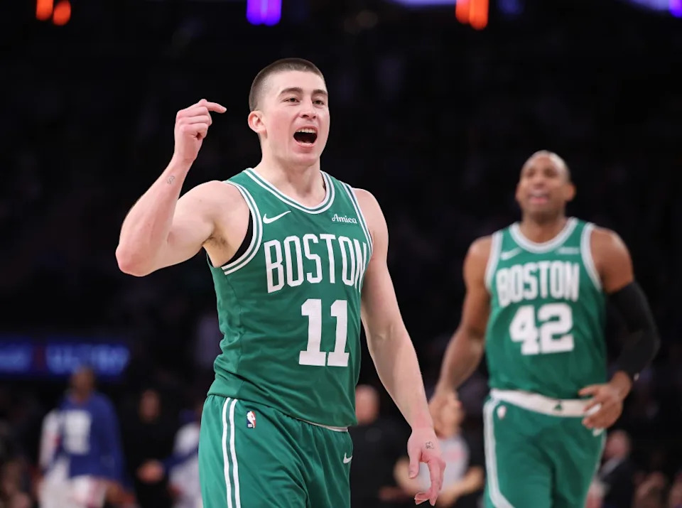 Payton Pritchard reacts after scoring during the Celtics’ win against the Knicks on Feb. 8. Robert Sabo for the NY Post