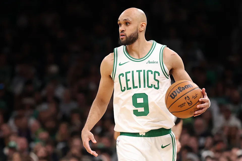 BOSTON, MASSACHUSETTS - APRIL 20: Derrick White #9 of the Boston Celtics dribbles against the Orlando Magic in Game One of the Eastern Conference First Round NBA Playoffs at TD Garden on April 20, 2025 in Boston, Massachusetts. NOTE TO USER: User expressly acknowledges and agrees that, by downloading and or using this photograph, User is consenting to the terms and conditions of the Getty Images License Agreement. (Photo by Maddie Meyer/Getty Images)