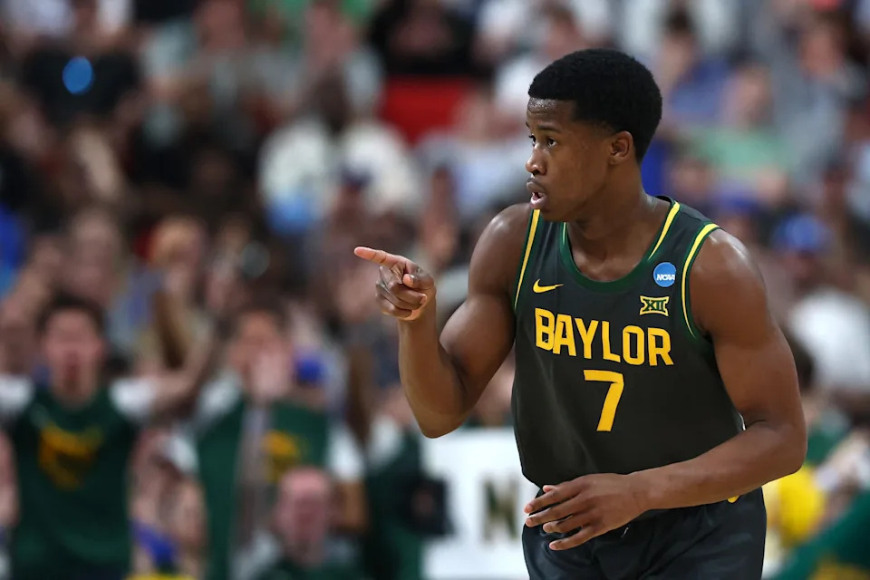 RALEIGH, NORTH CAROLINA - MARCH 23: VJ Edgecombe #7 of the Baylor Bears reacts in the second round of the NCAA Men's Basketball Tournament against the Duke Blue Devils at Lenovo Center on March 23, 2025 in Raleigh, North Carolina. (Photo by Jared C. Tilton/Getty Images)