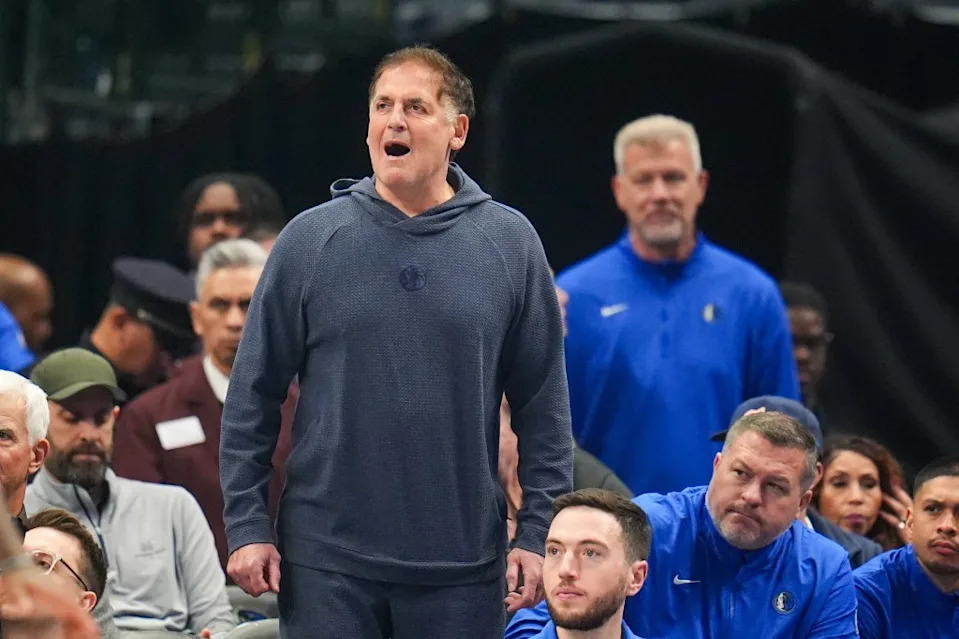 Mark Cuban reacts during the first half of an NBA basketball game between the Dallas Mavericks and the Miami Heat Thursday, Feb. 13, 2025, in Dallas. AP