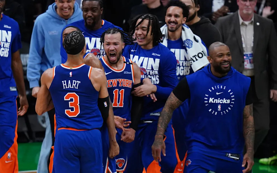 Knicks guard Jalen Brunson (11) reacts with teammates after defeating the Celtics David Butler II-Imagn Images