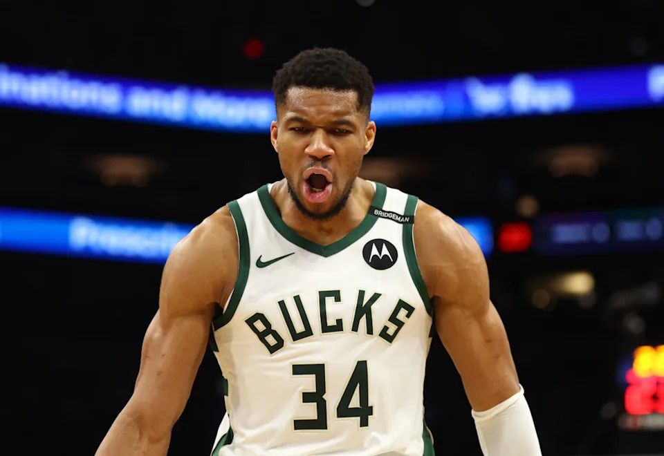 Mar 24, 2025; Phoenix, Arizona, USA; Milwaukee Bucks forward Giannis Antetokounmpo (34) celebrates a play against the Phoenix Suns at Footprint Center. Mandatory Credit: Mark J. Rebilas-Imagn Images Mandatory Credit: Mark J. Rebilas-Imagn Images