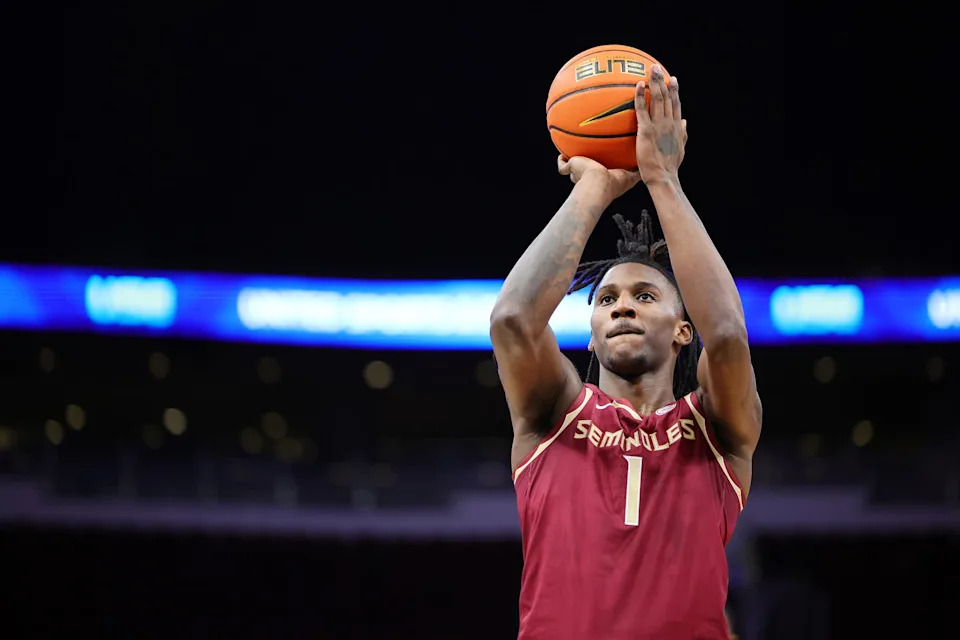 HOUSTON, TEXAS - NOVEMBER 09: Jamir Watkins #1 of the Florida State Seminoles shoots a free throw against the Rice Owls during the first half of the Mattress Firm Battleground 2k24 at Toyota Center on November 09, 2024 in Houston, Texas. (Photo by Alex Slitz/Getty Images)