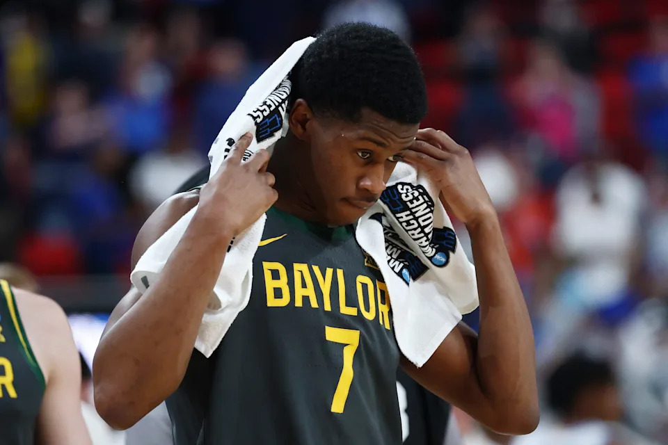 RALEIGH, NORTH CAROLINA - MARCH 23: VJ Edgecombe #7 of the Baylor Bears walks off the court after losing to the Duke Blue Devils 89-66 in the second round of the NCAA Men's Basketball Tournament at Lenovo Center on March 23, 2025 in Raleigh, North Carolina. (Photo by Jared C. Tilton/Getty Images)