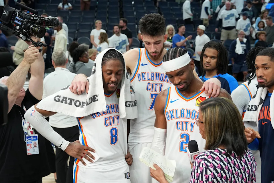 May 26, 2025; Minneapolis, Minnesota, USA; Oklahoma City Thunder forward Jalen Williams (8), forward Chet Holmgren (7) and guard Shai Gilgeous-Alexander (2) talk to the media after defeating the Minnesota Timberwolves in game four of the western conference finals for the 2025 NBA Playoffs at Target Center. © Jesse Johnson-Imagn Images
