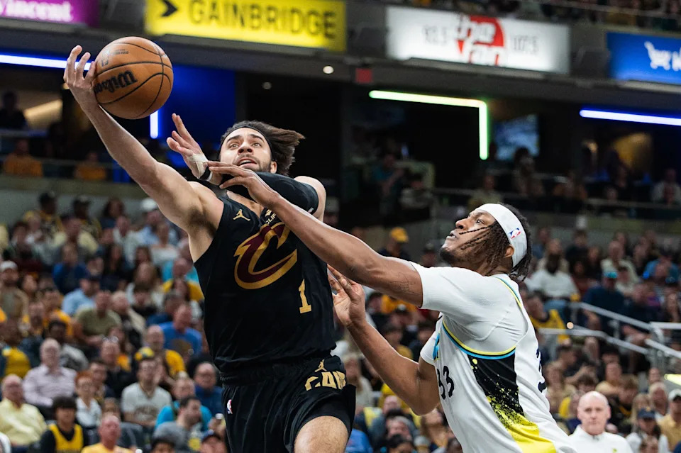 Cleveland Cavaliers guard Max Strus (1) shoots the ball while Indiana Pacers center Myles Turner defends during Game 4 of a second-round playoff series May 11, 2025, in Indianapolis, Indiana.