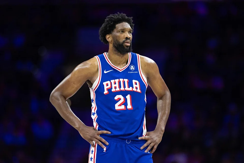 Feb 20, 2025; Philadelphia, Pennsylvania, USA; Philadelphia 76ers center Joel Embiid (21) looks on during the third quarter against the Boston Celtics at Wells Fargo Center. Mandatory Credit: Bill Streicher-Imagn ImagesMandatory Credit: Bill Streicher-Imagn Images