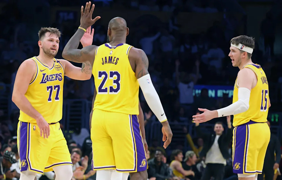 Los Angeles Lakers stars Luka Doncic, LeBron James and Austin ReavesJason Parkhurst-Imagn Images