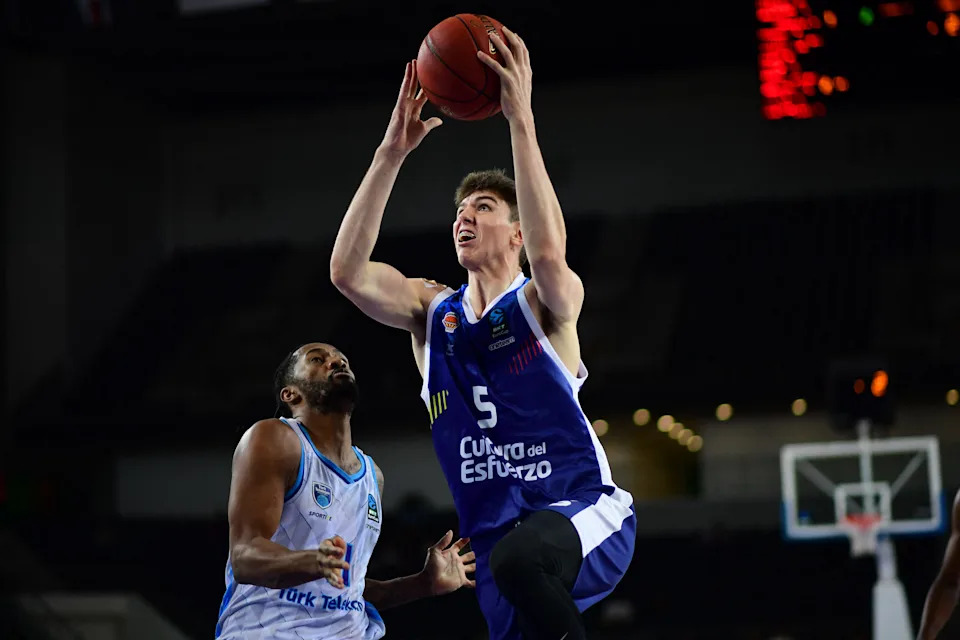 Sergio de Larrea, #5 of Valencia Basket in action during the BKT EuroCup Regular Season Round 5 match between Turk Telekom Ankara and Valencia Basket at Ankara Arena in Ankara, Turkey on October 23, 2024. (Photo by Altan Gocher / Hans Lucas / Hans Lucas via AFP) (Photo by ALTAN GOCHER/Hans Lucas/AFP via Getty Images)
