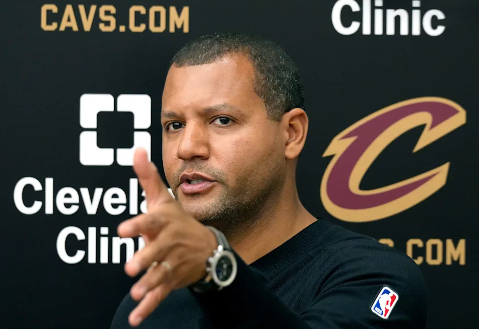 Cleveland Cavaliers president of basketball operations Koby Altman fields questions about the team’s disappointing second-round exit in the NBA playoffs after going 64-18 in the 2024-25 regular season during a news conference, May 19, 2025.