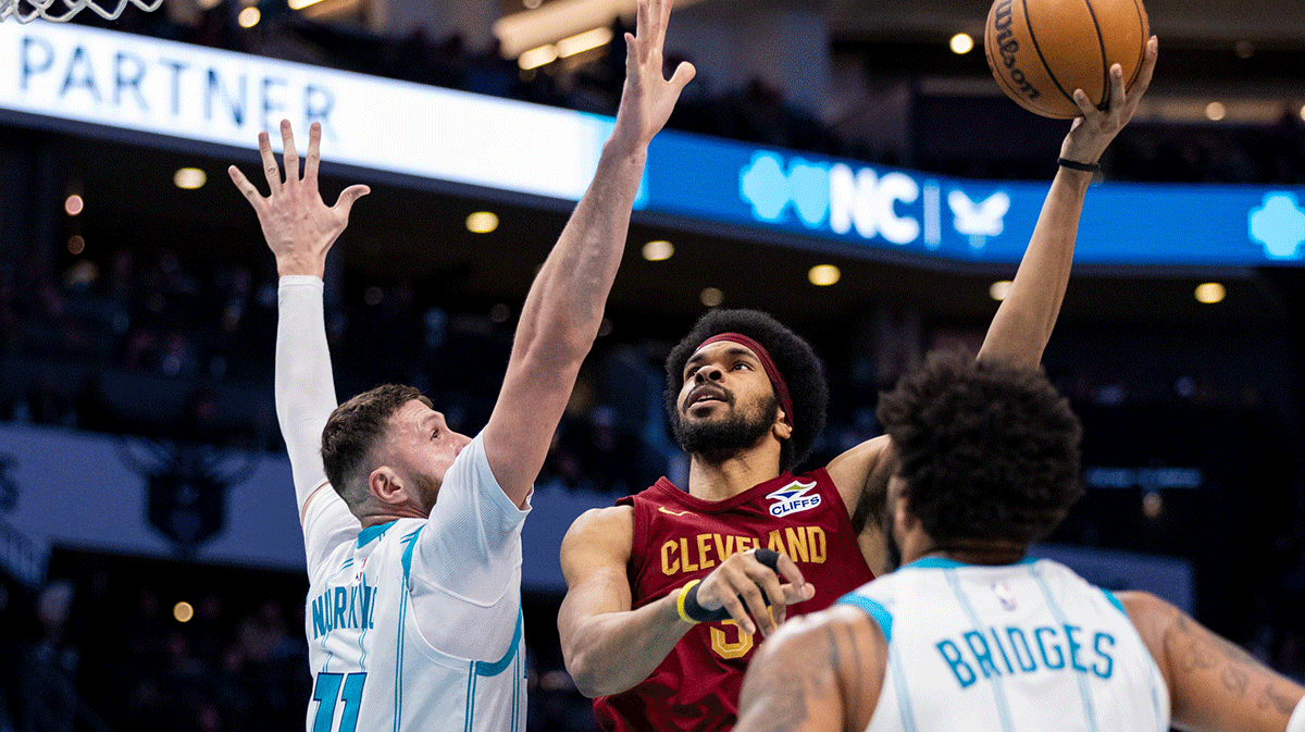 Cleveland Cavaliers center Jarrett Allen (31) shoots on Charlotte Hornets center Jusuf Nurkic (11) during the third quarter at Spectrum Center. 