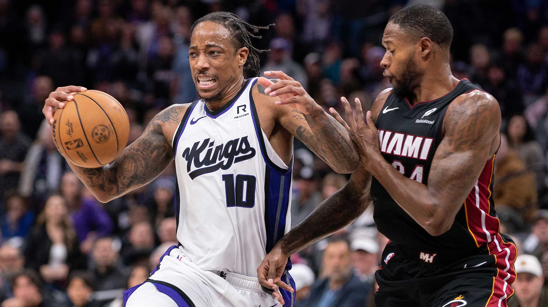 Sacramento Kings forward DeMar DeRozan (10) drives to the basket against Miami Heat forward Haywood Highsmith (24) during overtime at Golden 1 Center. 