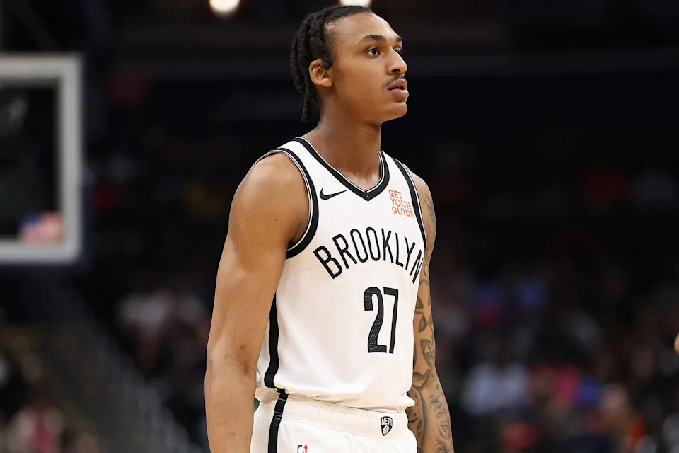 Mar 29, 2025; Washington, District of Columbia, USA; Brooklyn Nets forward Maxwell Lewis (27) looks on during the second half against the Washington Wizards at Capital One Arena. Mandatory Credit: Daniel Kucin Jr.-Imagn Images
