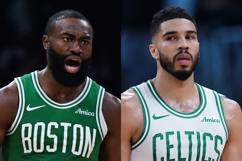 Boston Celtics teammates Jaylen Brown (left) and Jayson Tatum (right).David Butler II-Imagn Images