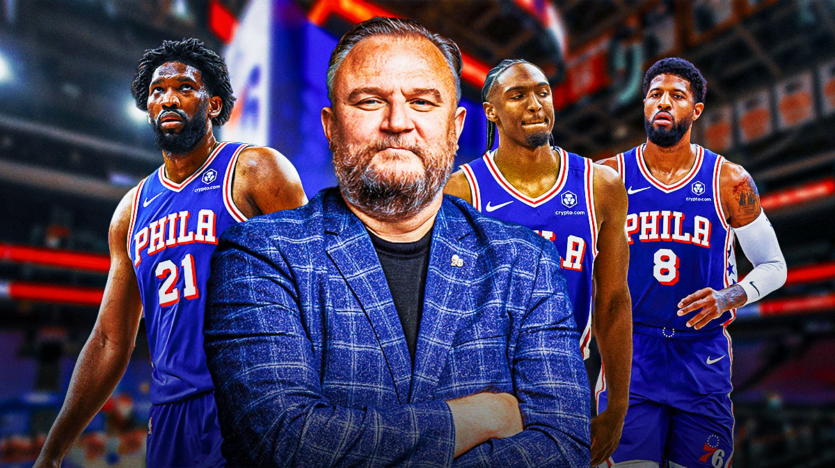 76ers' Joel Embiid, Daryl Morey, Tyrese Maxey and Paul George